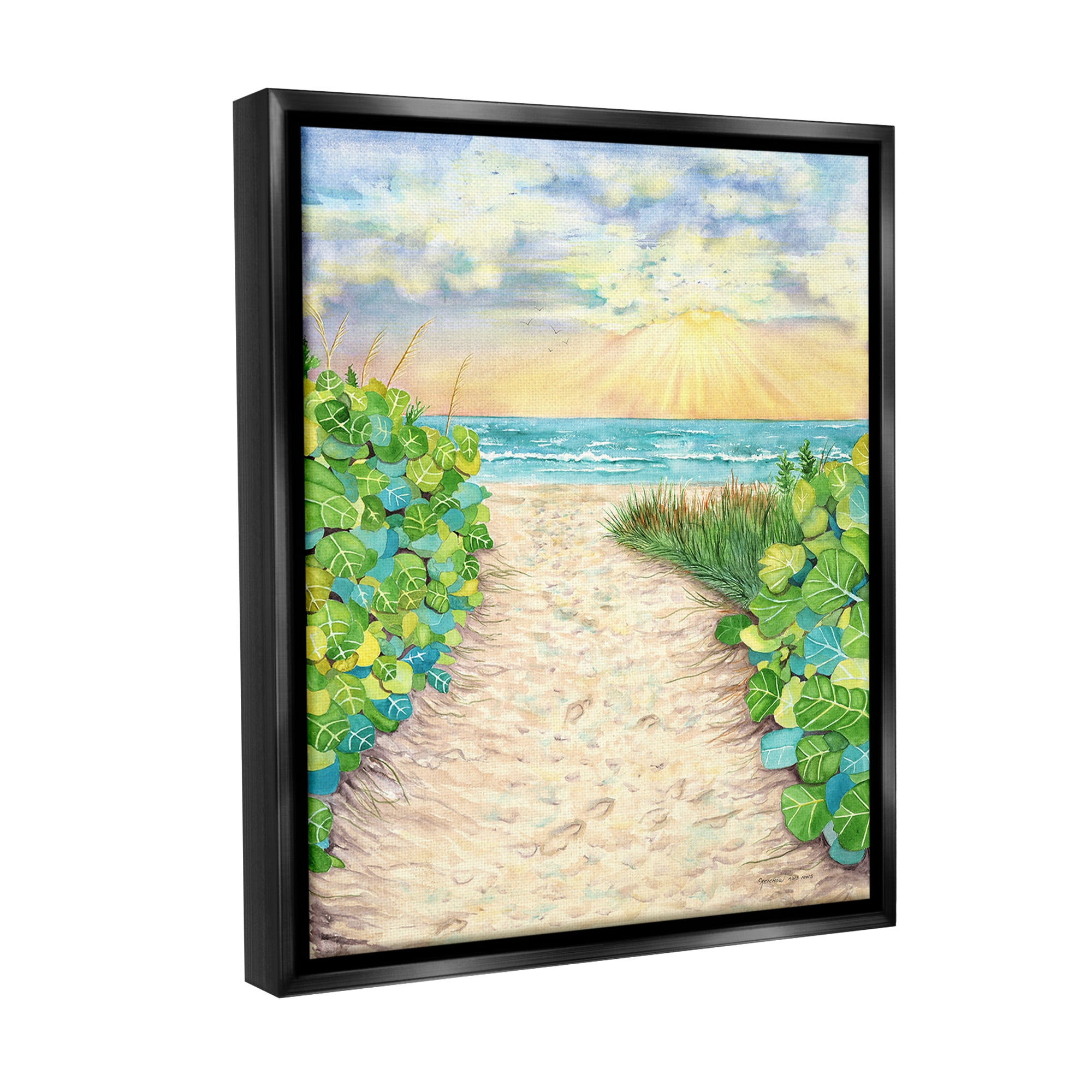 Stupell Industries Lush Beach Botanicals Landscape Painting Black Floater Framed Canvas Art Print Wall Art, 25 x 31