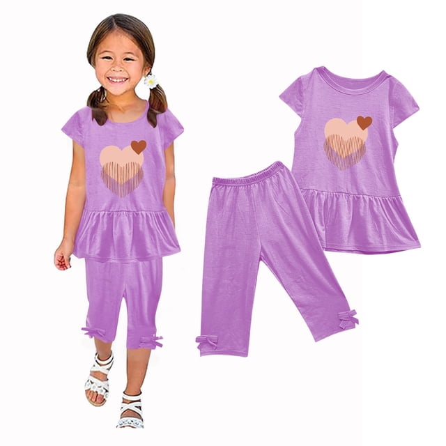 Shirts for Girls, Girls Summer Round Neck Small Print Short Sleeved Flying Sleeves Elastic Waist Cropped Pants Two-piece Set