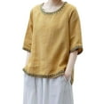 thumbnail image 1 of T-shirt Vintage Brodé en Lin à Col Rond et Manches Courtes pour Femmes, Coupe Ample, Haut d'Été Polyvalent et Décontracté, 1 of 3