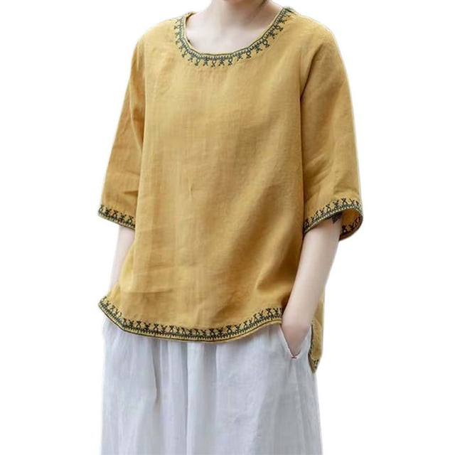 T-shirt Vintage Brodé en Lin à Col Rond et Manches Courtes pour Femmes, Coupe Ample, Haut d'Été Polyvalent et Décontracté