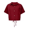 thumbnail image 3 of Women Casual Crop Short Sleeve Button Down Blouses Shirt Collar Loose Fit Shirt Wine Red XXL, 3 of 6