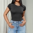 thumbnail image 2 of JYLFC Casual Crew Neck T-shirt for Woman Short Sleeves Stretchy Crop Top Slim Fit Solid Tee Tops Summer, Black L, 2 of 7