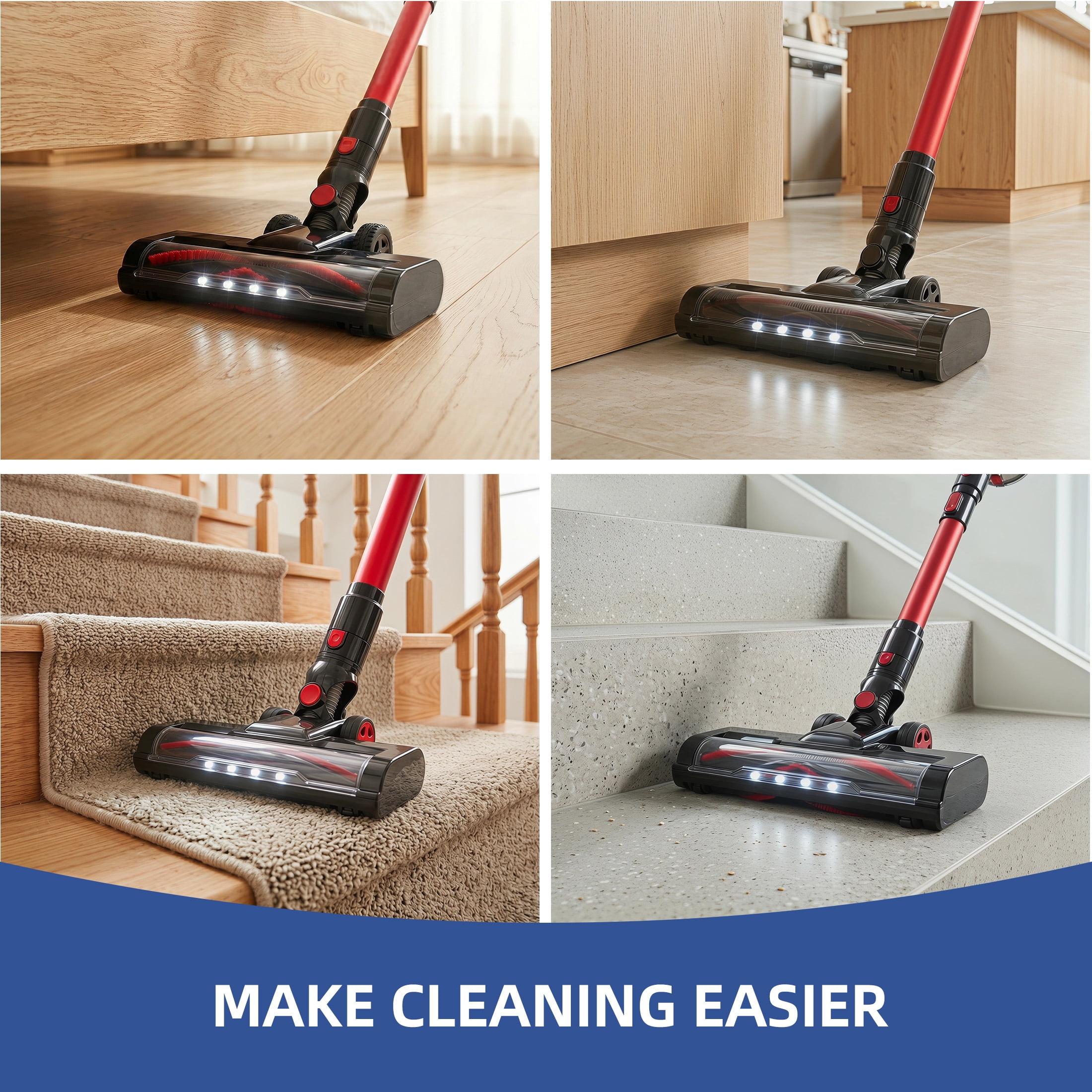 CONCETTA Cordless Vacuum Cleaner with Self-Standing, LED Screen, Lightweight Powerful Suction, 6-in-1 Rechargeable for Home Carpets, Pet Hair, Hardwood Floors, Black Red