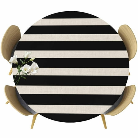 Round Fitted Tablecloth Modern Stripes Lines Circle Table Cover Waterproof Table Cloth with Elastic Edge Vintage Black and White Outdoor Tablecloths for Kitchen Picnic 55-60in
