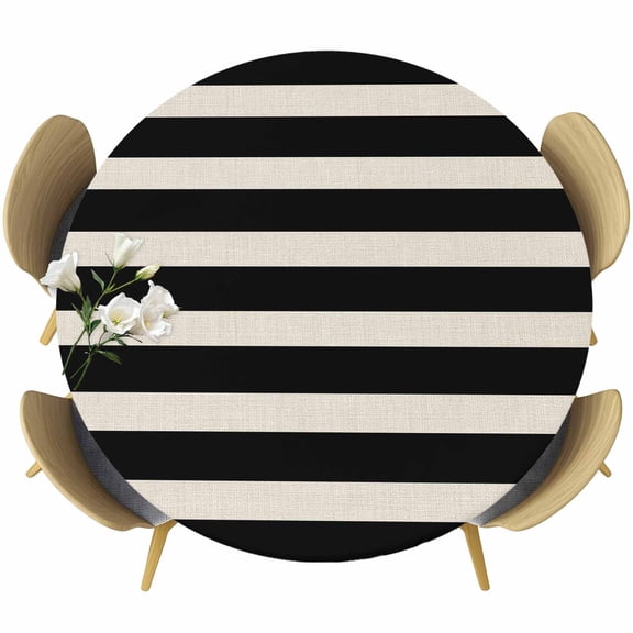 Black Beige Striped Round Tablecloth 45-54 Inch Round Fitted Table Cloth with Elastic Edge, Vintage Geometric Line Simple Waterproof Table Cover Protector for Outdoor Picnic Party Dining