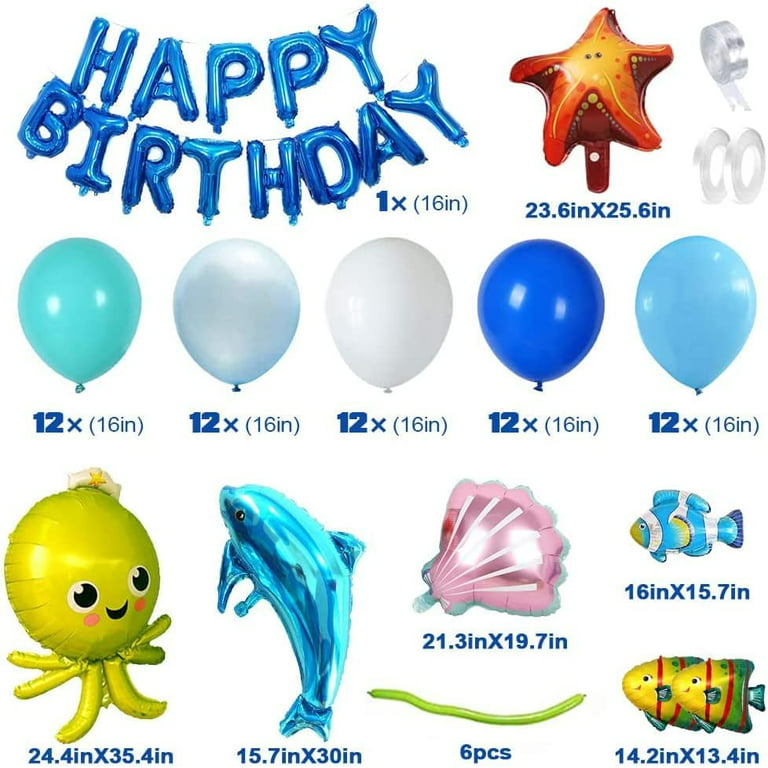 Geekeo Under The Sea Birthday Party Decorations, Blue Ocean Animals Theme Party Supplies with Dolphin Octopus Starfish Shell Foil Balloon for Boy Baby
