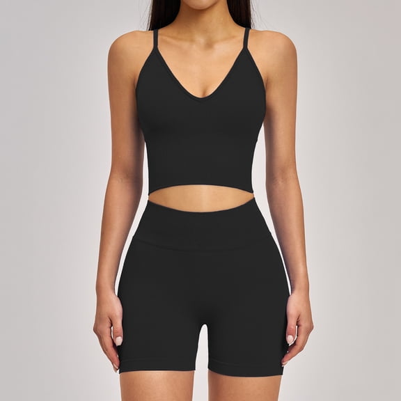 PISONIC 2 Piece Workout Sets for Women Cross Back V Neck Tank Top Matching High Waist Biker Shorts Gym Sets
