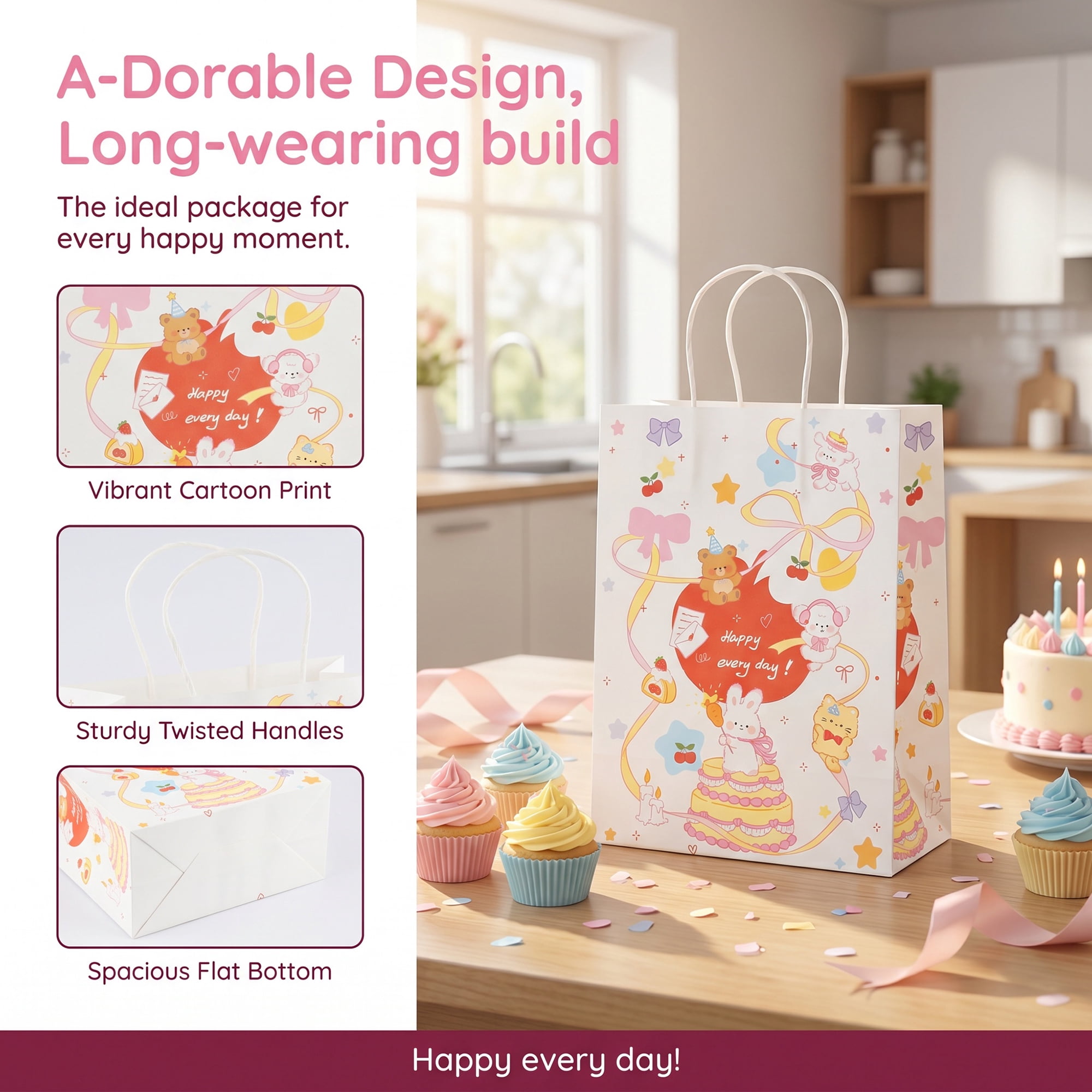 Unique Bargains 6Pcs Thick Cartoon Paper Gift Bags with Handles Cake 8.3" x 4.3" x 10.6"