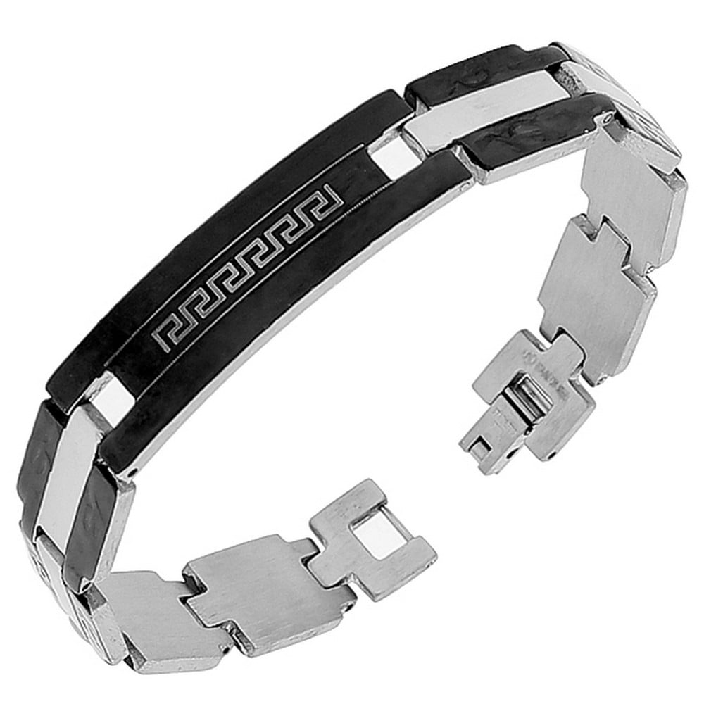 Stainless Steel Black SilverTone Greek Key Men's Links Chain Bracelet