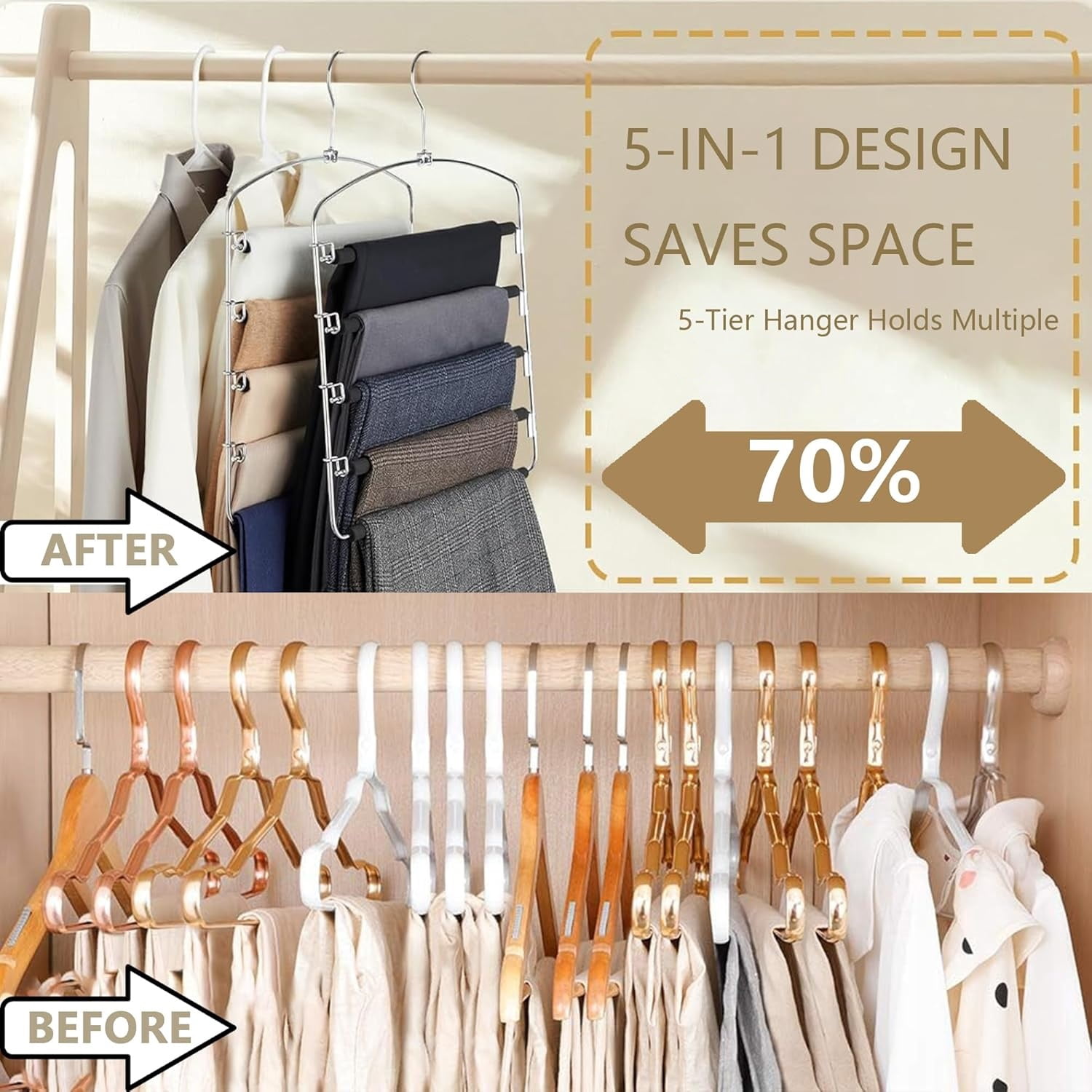 Manss Pants Hangers, 3 Pack Anti-Slip Space Saving Hangers, 5 Layer Swing Arm Pants Hanger Stainless Steel with Non-Slip Padding, Closet Organizers & Storage(Black)