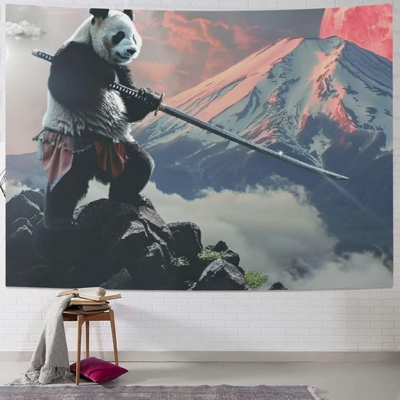 PRATYUS Panda Mount Fuji Red Sun Funny Tapestry Large Tapestry Wall Decor for Bedroom Aesthetic Living Room Background Decor for Men And Woman 60x50inch