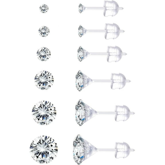 6Pairs Clear Plastic Post Stud Earrings for Women Plastic Earrings for Sensitive Ears Cubic Zirconia Stud Earrings Set 3mm-8mm Silver Tone