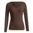 thumbnail image 4 of Women's T-Shirts Long Sleeve Womens Fall Tops Ribbed V Neck Slim Fitted Basic Solid Layering Work Blouses Dressy Casual Brown M, 4 of 5