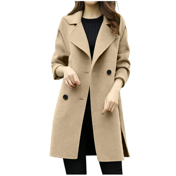 DDAPJ pyju 2023 Clearance Women's Double Breasted Long Trench Coat, Notch Lapel Pea Coat Windproof Tweed Jacket Slim Solid Casual Belted Overcoat Warm Winter Mid Length Outwear Khaki XL