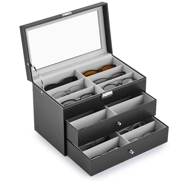 Organizador de Anteojos de Sol CO-Z de Cuero con 18 Compartimentos con Cerradura Negro