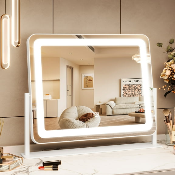 Vanity Mirror with Lights, LED Makeup Mirror, Large Lighted Mirror, 360° Rotation, Desk Mirror for Bedroom, Dressing Table, Tabletop