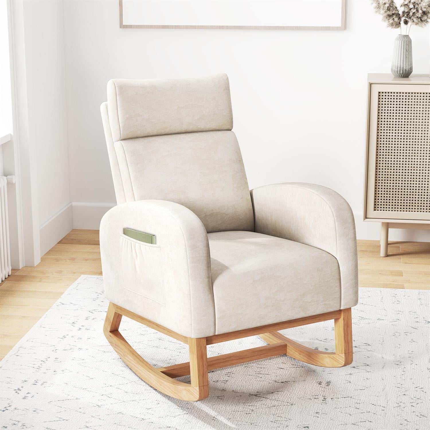 Demi Bonn Nursery Chenille Rocking Chair - Rubber Wood Frame, Ergonomic Support, Side Pockets, Beige