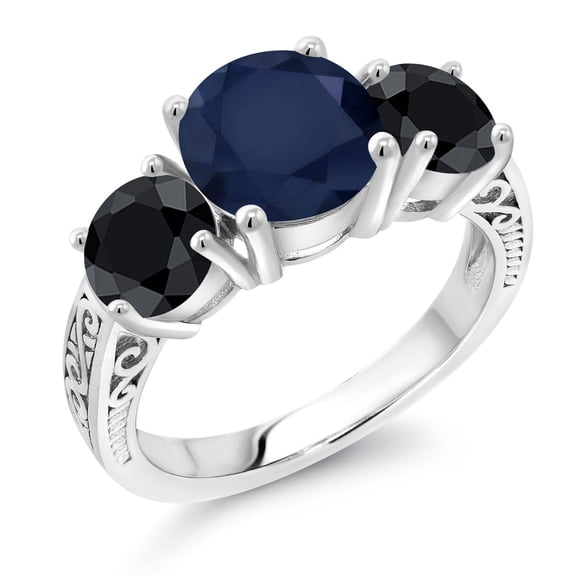 Gem Stone King 925 Sterling Silver Blue Sapphire and Black Sapphire Engagement Ring for Women | 4.76 Cttw | Round 8MM | Gemstone September Birthstone | Size 5