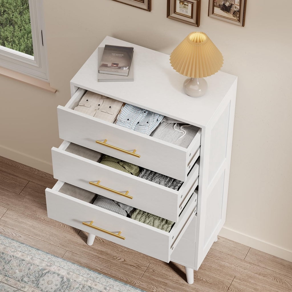 Aiho 5 Drawer Dresser, Tall Chest of Drawers Nightstand Storage Tower Storage Wooden Dresser for Living Room, Bedroom, Hallway - White