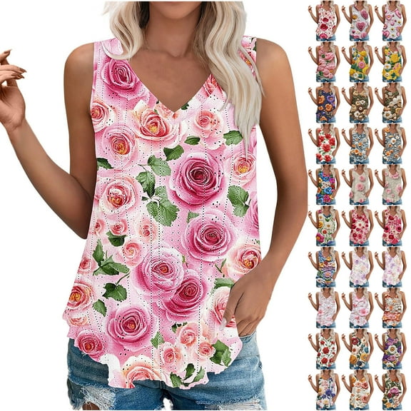 JTZGDY Beach Tank Tops for Women Retro Floral Pattern Print Eyelet Embroidery Summer Sleeveless V Neck Basic Workout T-Shirts Loose Flowy Tunic Blouse Multicolor#27 L