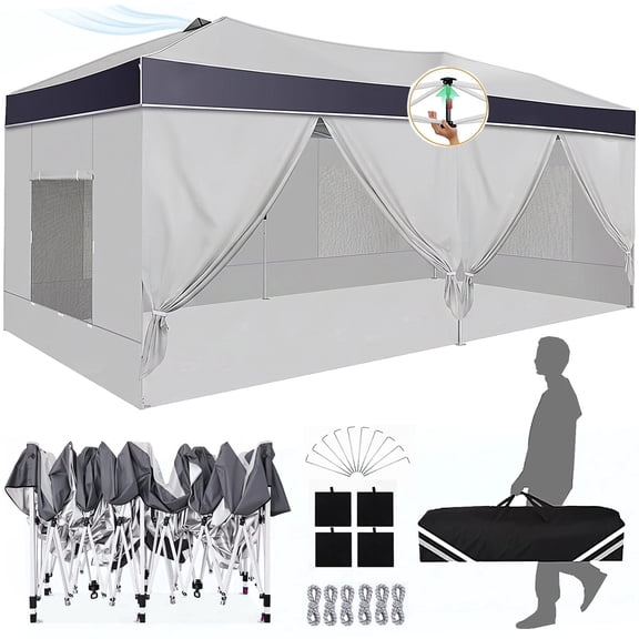 SANOPY 10' x 20' Pop Up Instant Canopy Tent with Push Center Lock, Air Vent, Removable Sidewalls & Reflective Strips Outdoor Shelter for Party, Camping, Beach, Market, Gray