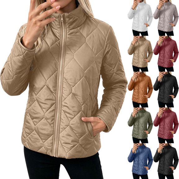 Womens Cotton Padded Jacket Solid Color Quilted Zip Up Stand Collar Short Coat with Pockets Cold Weather Sports and Everyday Winter Wear