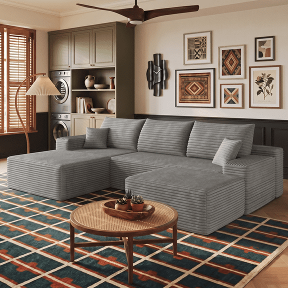 Eyisean 107" W Corduroy Sectional Boneless Cloud Couch with Chaise & Ottoman, No Assembly Required, U Shaped Modular Sectional Sofa, Cozy Fluffy Sofa for Living Room