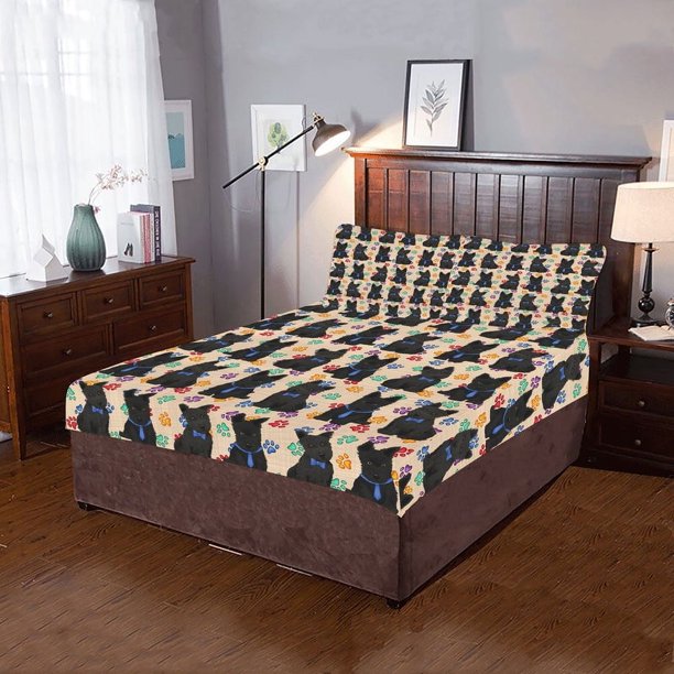 Juego de cama de 3 piezas Rainbow Paw Print Scottish Terrier Dogs Azul