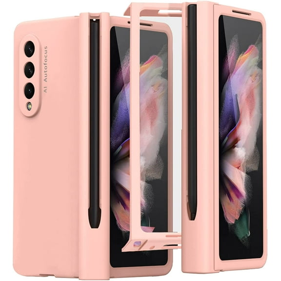Compatible Pink Case for Samsung Galaxy Z Fold 3 Case with S Pen Holder Hinge Protection,Full Coverage Cover Case with Front Screen Protector Phone Case for Samsung Galaxy Z Fold 3 5g Case