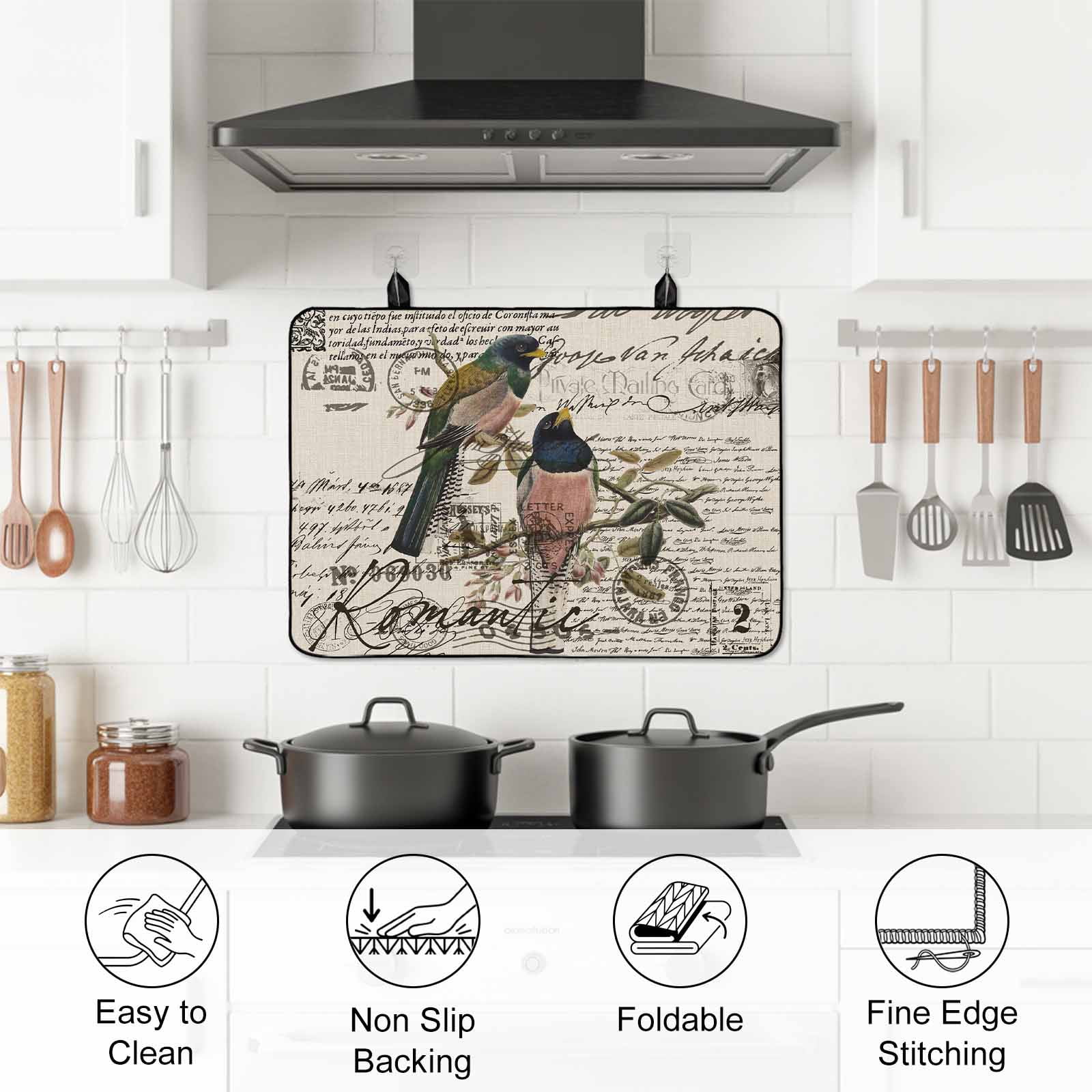 Vintage Birds Stove Top Cover for Electric Stove, Heat-proof & Non Slip Glass Top Stove Cover Protector, Country Envelope Postmark Farmhouse Botancial Kitchen Flat Cooktop Rubber Mat 36x21 Inches