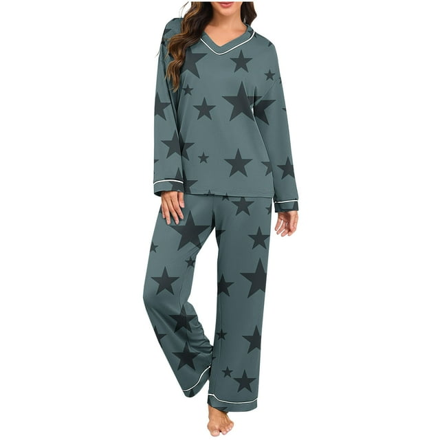 Ensemble de Pyjama pour Femmes, Imprimé Décontracté à la Mode, Couleur Unie, Col en V, Manches Longues, Ensemble de Pyjama pour Femmes