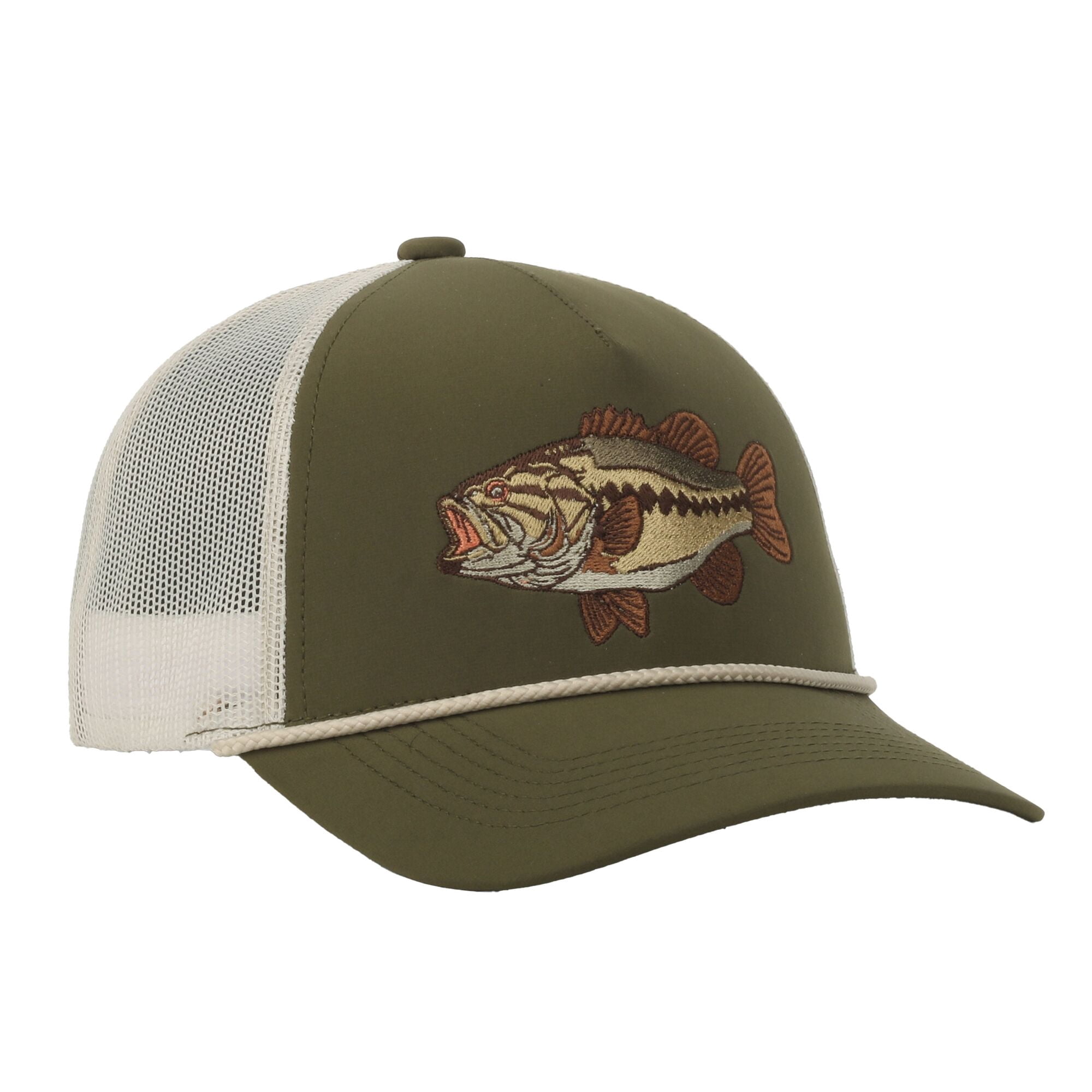 Olive/Putty Bass 5-Panel Fishing Cap – Structured, Embroidered, Snapback, One Size