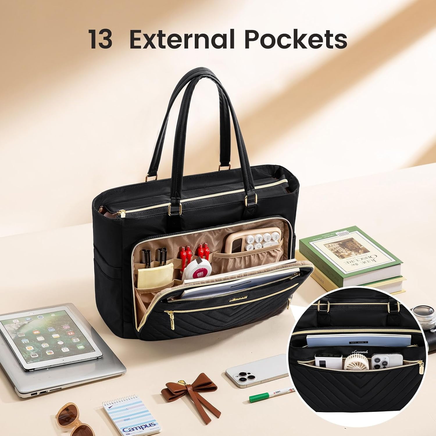 LOVEVOOK Quilted Teacher Tote Bag for Women, Large Laptop Tote with Cup Holder & Multi-Pockets, Work Bag for Nurse, Office, College, Business Travel, Diaper Bag, Computer Handbag Purse
