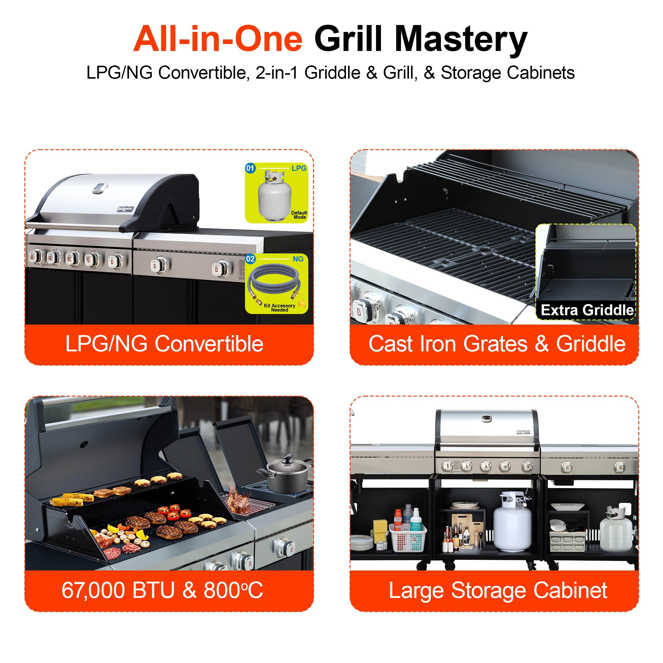 Brand-Man Outdoor Modular Island Kitchen Grill Gas Grill, 76,000 BTU 5 Burner Stainless Steel Burner and 2 Infrared Side Stove with Sink Station