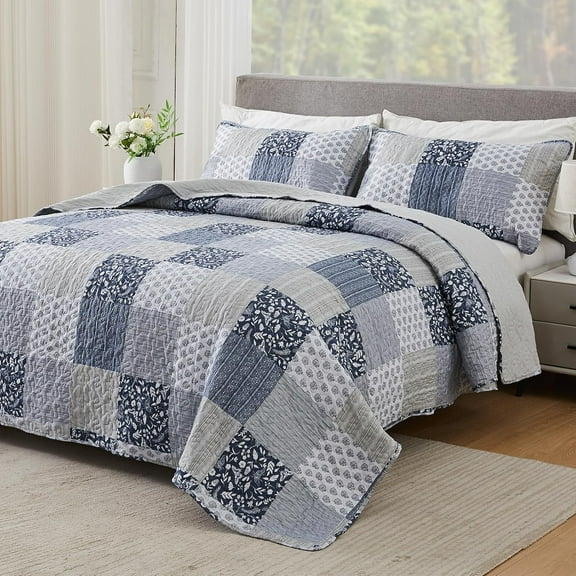 Navy Blue Gray Oversized King Bedspread Set 128x120 Extra Wide, 3 Piece Quilt Set Patchwork Plaid Bedding Set Quilted Bedspread Coverlet Set Reversible Lightweight Microfiber Bed Cover Comforter Set