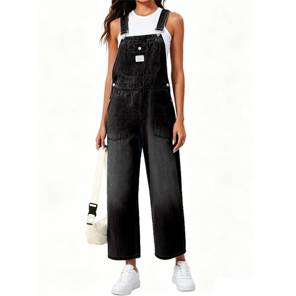 Women's Casual Loose Denim Work Pants Bib Adjustable Shoulder Strap Wide Leg Capri Denim Jumpsuit
