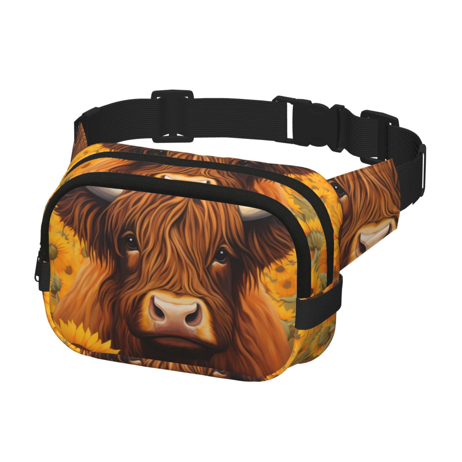 Picia Countryside Sunflower Cow Print Square Double-Layer Waist Bag Mini Adjustable Waist Belt Bag Exercise Running Travel Hiking