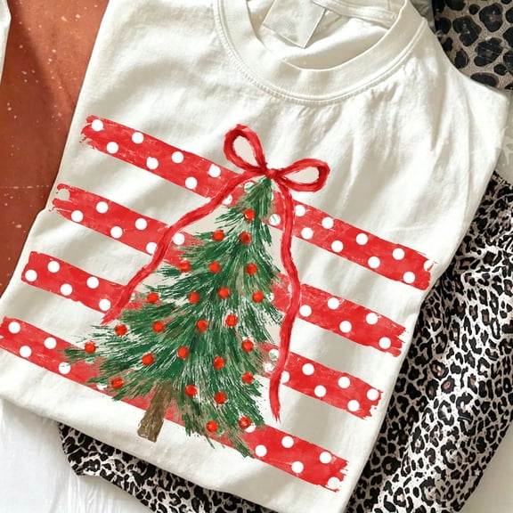 Coquette Christmas Red Bow Graphic Short Sleeve T-Shirt,Daily Tree Casual Top For Holiday
