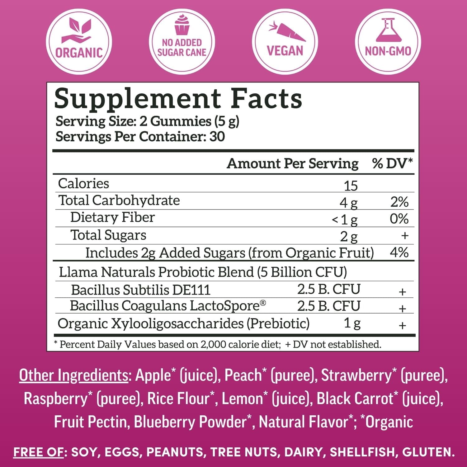 Llama Naturals Probiotics for Women and Men with Prebiotic Fiber, Vegan, Organic, Probiotic Gummies for Gut Health Support, Adults Real Fruit Gummy Vitamins, No Added Sugar Cane, Mixed Berry, 60 Ct