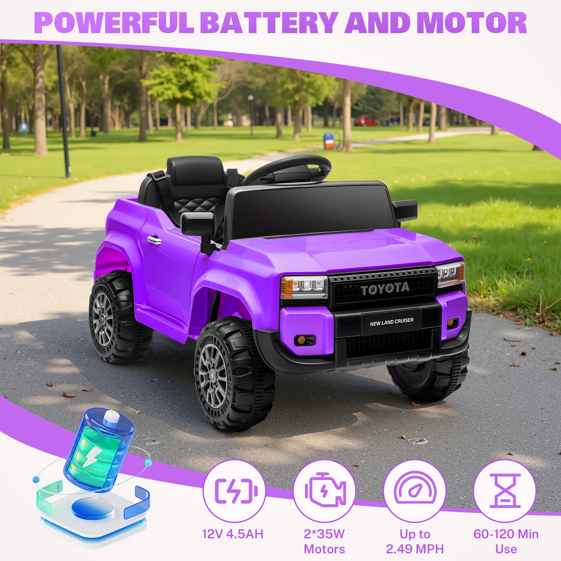12V Ride on Cars with Remote Control, Licensed Toyota LC250 2024 Ride on Toys Vehicle with Bluetooth, Music, AUX/USB Port, Powered Kids Electric Car for Toddlers Boys Girls Ages 3-5 Gift, Purple