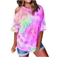 thumbnail image 2 of Abcnature Women's Tie-Dye Printed O-Neck Off-Shoulder Short Sleeve Tops T-shirt Blouse Purple S, 2 of 6