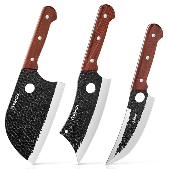Butcher Knife Set 3PCS Cleaver Knives for Meat Cutting, Serbian Chef Knife Sets and Viking Knife with Wooden Handle, Kitchen Knives Set for Outdoor BBQ and Camping with Gift Box