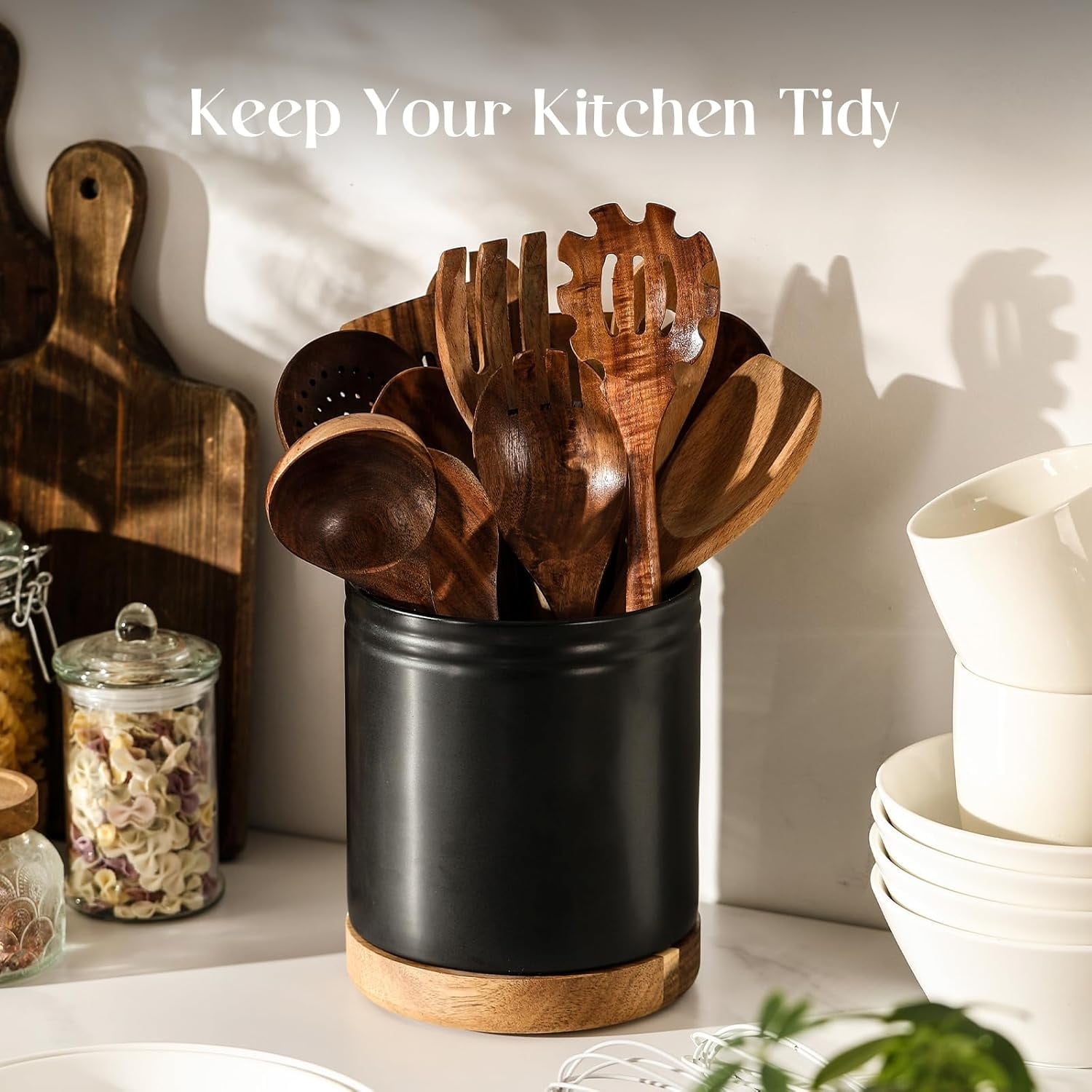 LYNG 360° Rotating Utensil Holder - 7.6 Inch Melamine With Acacia Wood Base, Black, Farmhouse Style
