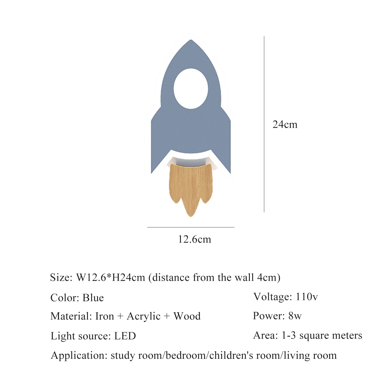 Rocket LED Wall Sconce, Blue with Natural Wood Accent, 3-Color Dimmable, Iron + Acrylic + Wood, Ideal for Children's Room Bedroom