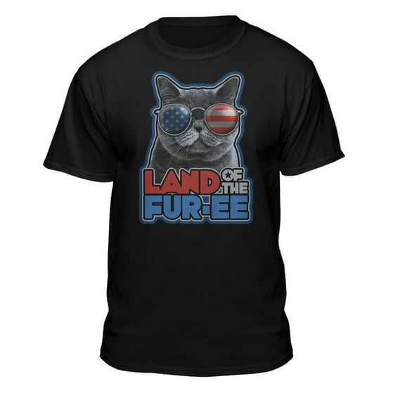 Teelocity Men's Funny Cat Red, White and Blue Americana Land of the Furee Black Relaxed Fit Short Sleeve Graphic T-Shirt