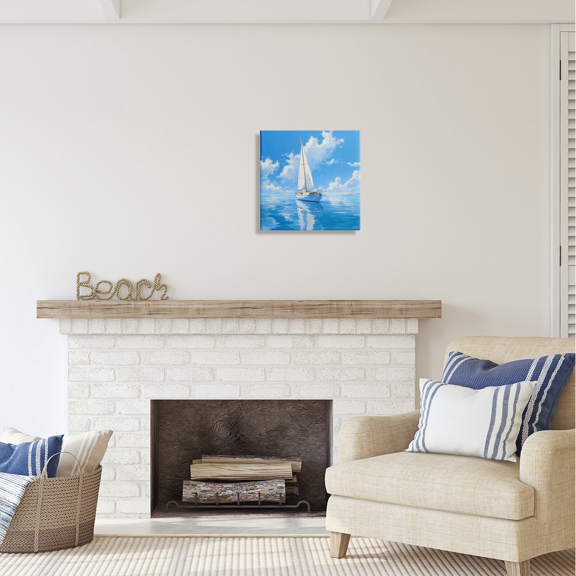 Stupell Industries Vivid Blue Sailboat Reflection Transportation Painting Gallery Wrapped Canvas Art Print Wall Art, 17 x 17