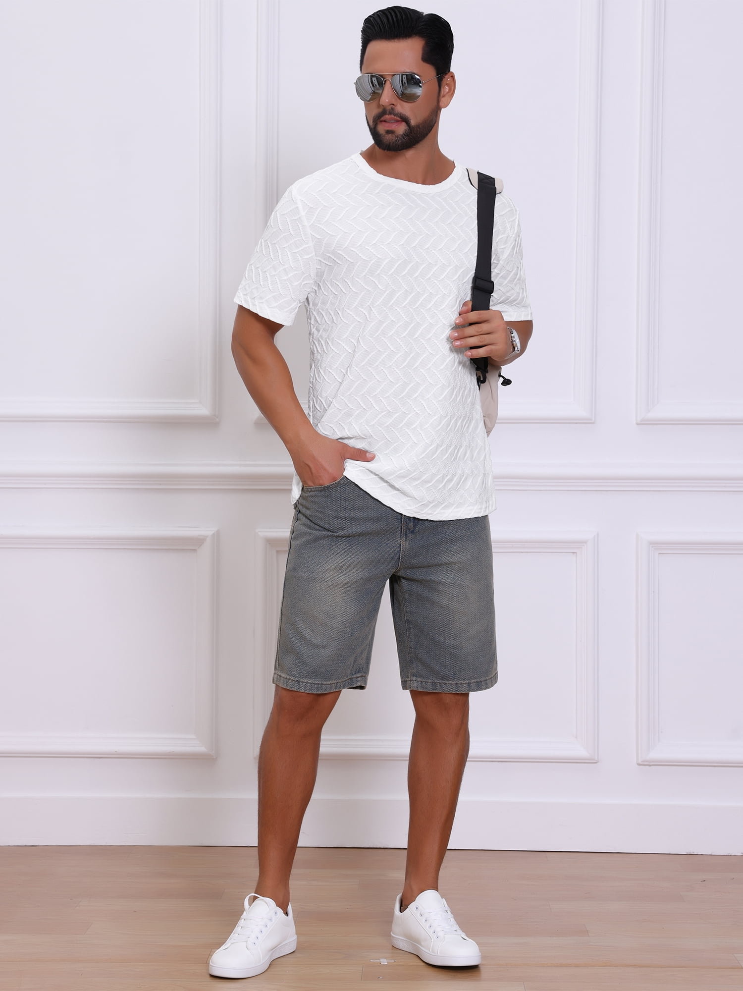 DARING DIVA Men's Knitted T-Shirts Short Sleeve Crew Neck Jacquard T-Shirt M White