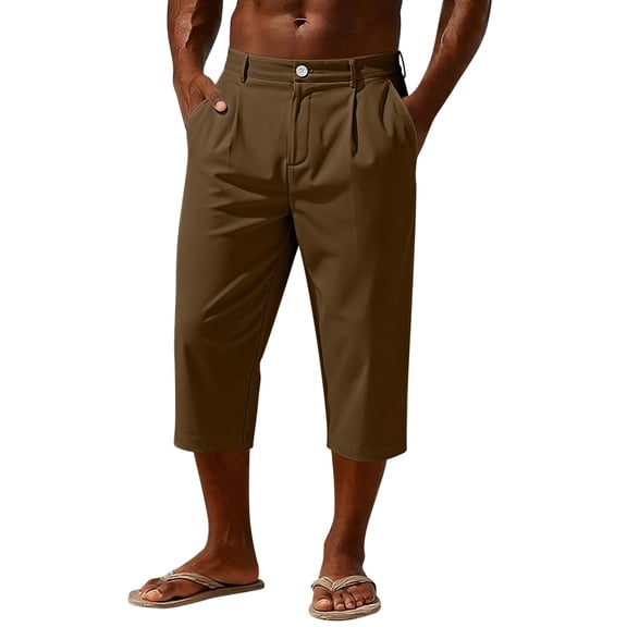 LMOIPLI Men's High Waist Button Detail Capri Pants Casual Loose 3/4 Length Trousers with Pockets Stretchy for Work Brown XXL