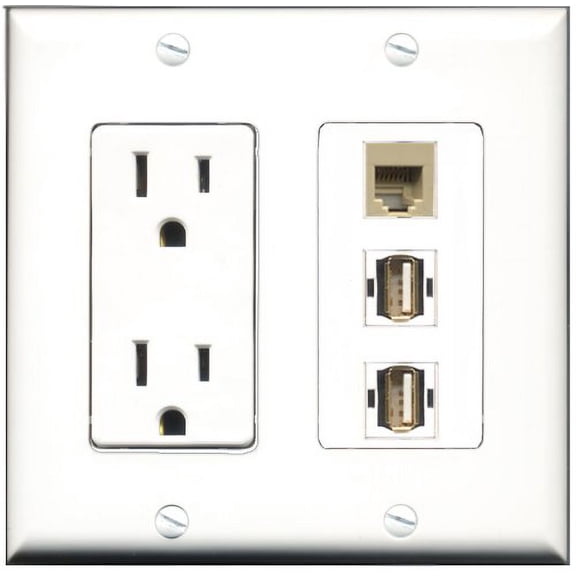 RiteAV - 15 Amp Power Outlet 2 Port USB A-A 1 Port Phone Beige Decorative Wall Plate