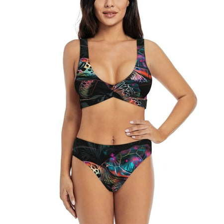 Zeuib Colorful Plant Turtle A High Waisted Tummy Control Bikini Set - Knot Front Push Up Top & Cheeky Thong Bottom  Two-Piece Swimsuit for Women-Large